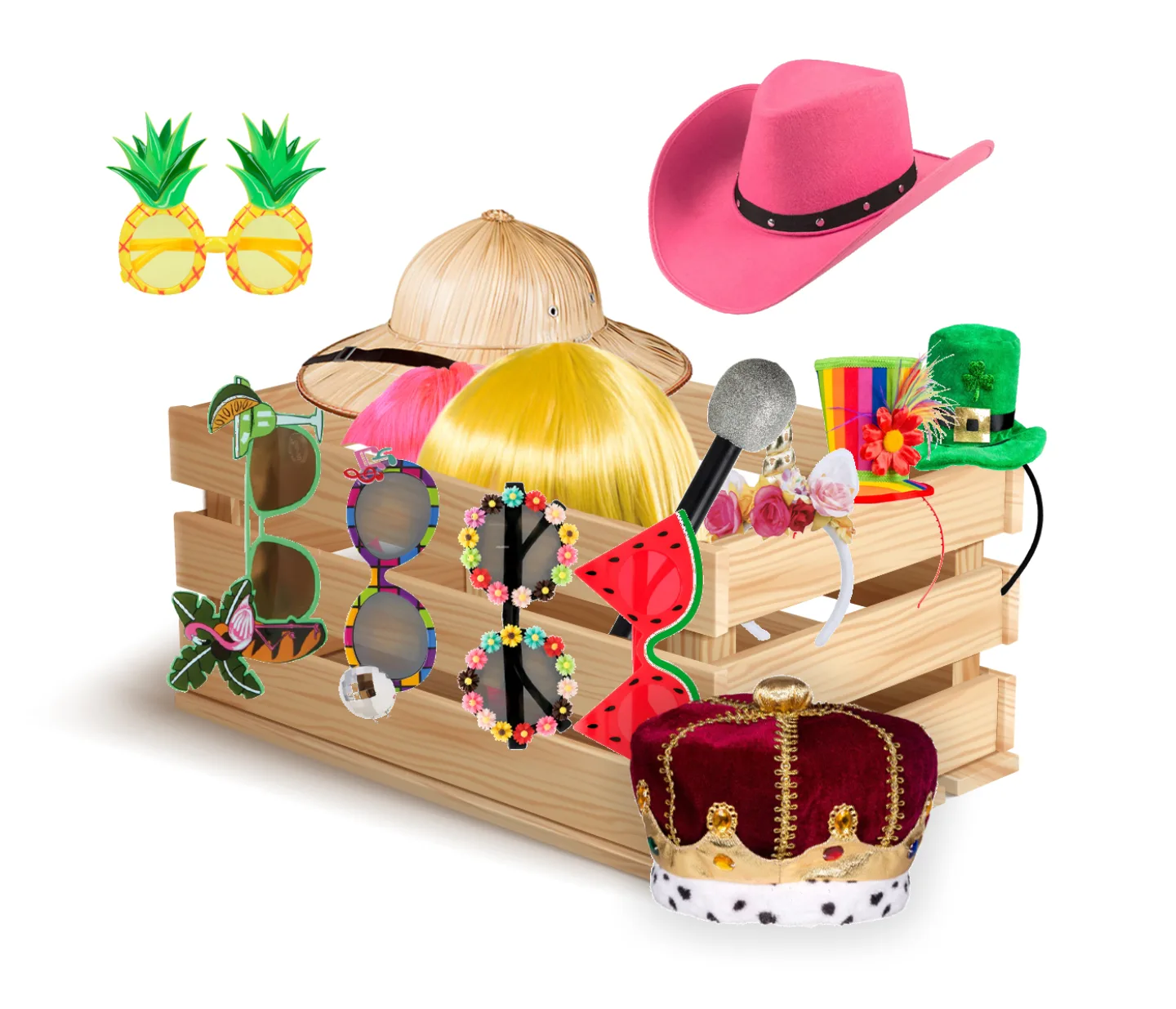 Prop chest with wigs, hats, and glasses